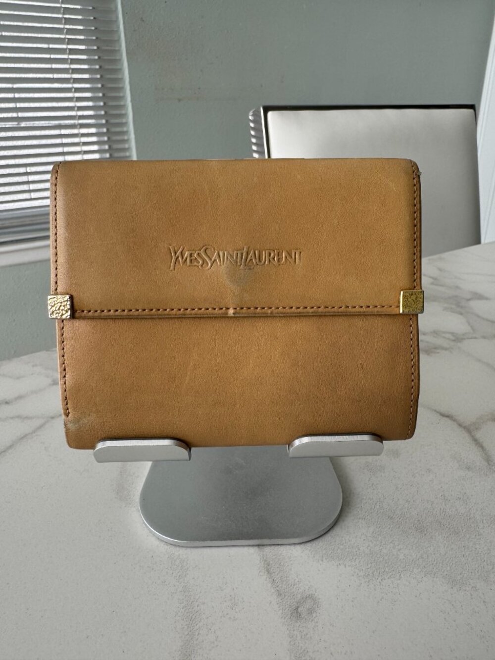 Vintage Yves Saint Laurent Tan Leather Kiss Lock French Purse Wallet